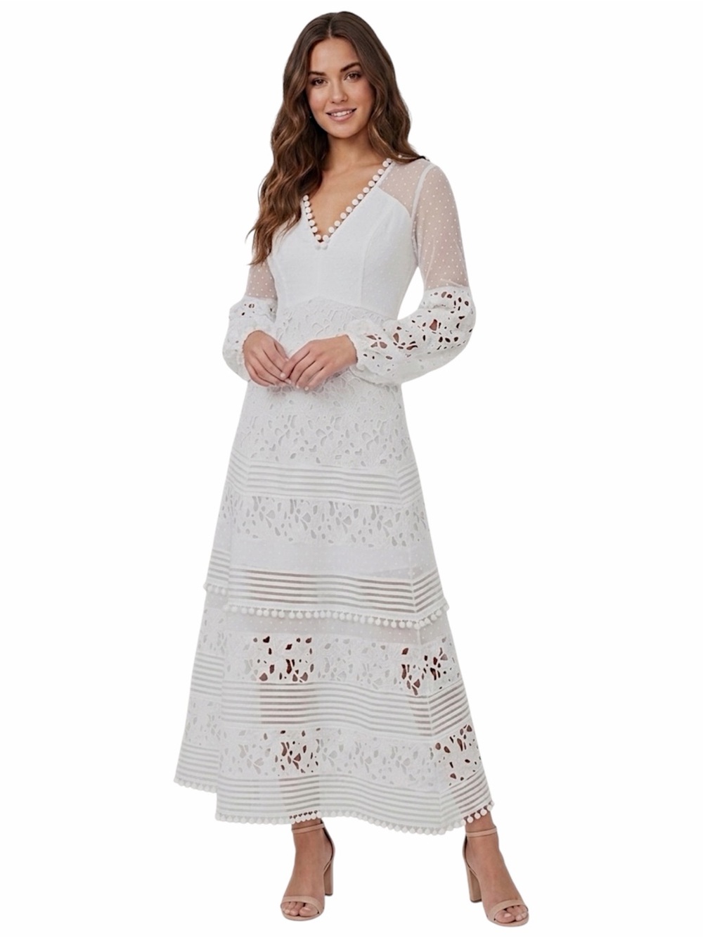 Boston Proper Long Sleeve Lace Pom Pom Dress White medium NWT - Picture 1 of 9